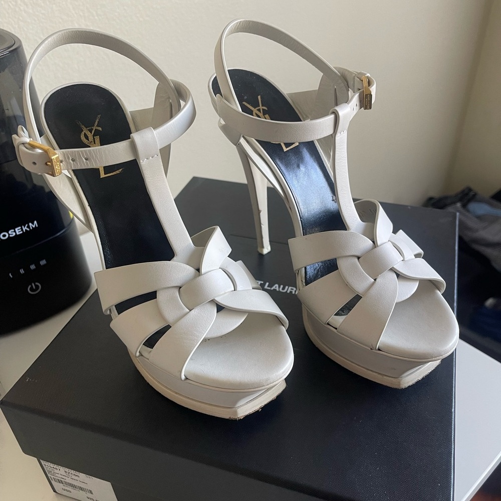 Yves Saint Laurent Cream Strappy Platform Heels